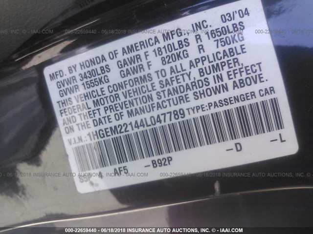 1HGEM22144L047789 - 2004 HONDA CIVIC DX VP BLACK photo 9