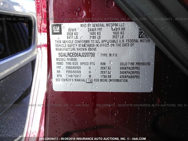 5GALRCED6AJ220739 - 2010 BUICK ENCLAVE CXL ბურგუნდია ფოტო 9