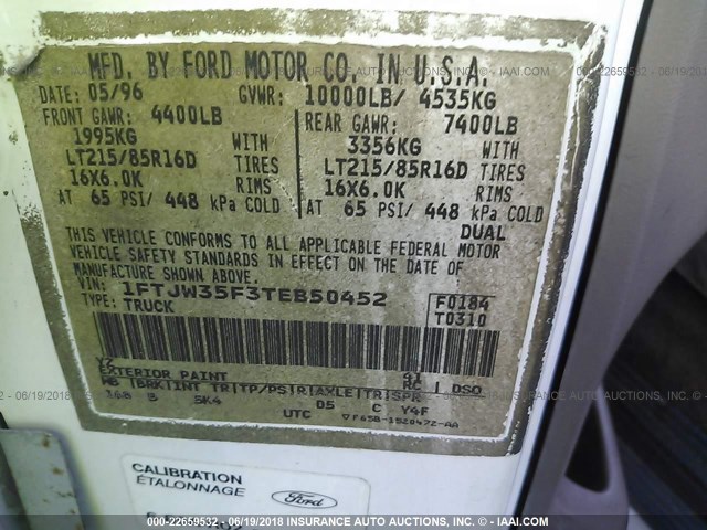 1FTJW35F3TEB50452 - 1996 FORD F350 WHITE photo 9