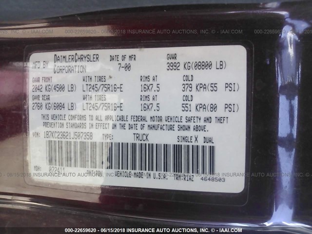 1B7KC23621J507358 - 2001 DODGE RAM 2500 MAROON photo 9