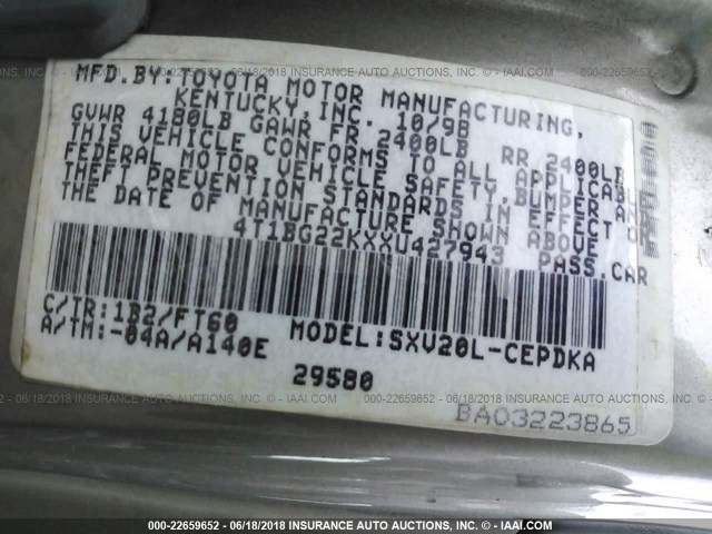 4T1BG22KXXU427943 - 1999 TOYOTA CAMRY CE/LE/XLE GRAY photo 9