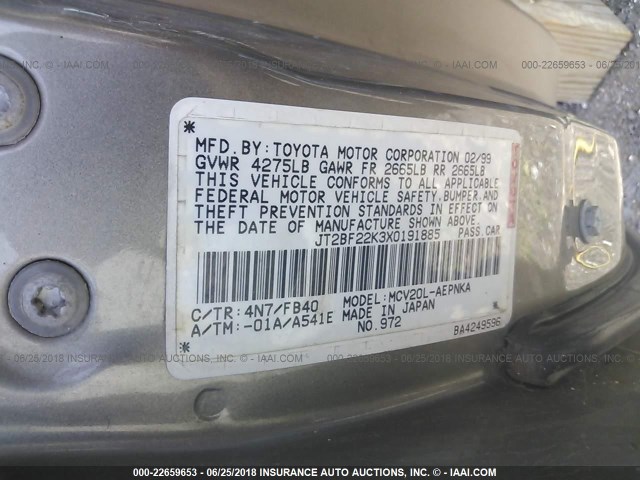 JT2BF22K3X0191885 - 1999 TOYOTA CAMRY LE/XLE TAN photo 9
