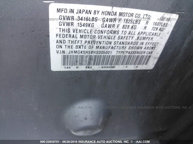 JHMGK5H58HS005001 - 2017 HONDA FIT LX GRAY photo 9