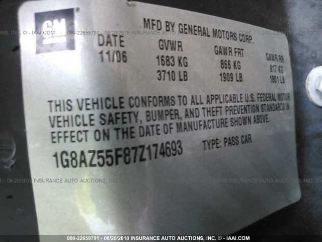 1G8AZ55F87Z174693 - 2007 SATURN ION LEVEL 2 SILVER photo 9