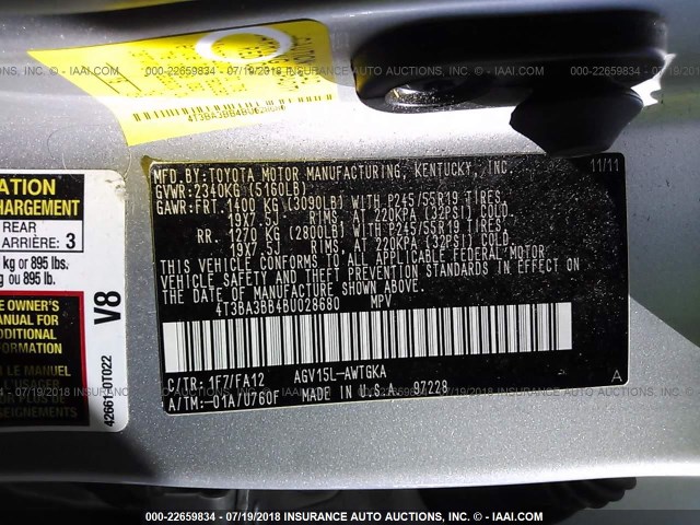 4T3BA3BB4BU028680 - 2011 TOYOTA VENZA SILVER photo 9