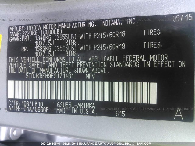 5TDJKRFH9FS171481 - 2015 TOYOTA HIGHLANDER XLE ვერცხლისფერი ფოტო 9