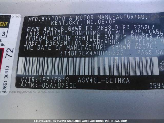 4T1BF3EK4AU019322 - 2010 TOYOTA CAMRY SE/LE/XLE 银色 照片 9