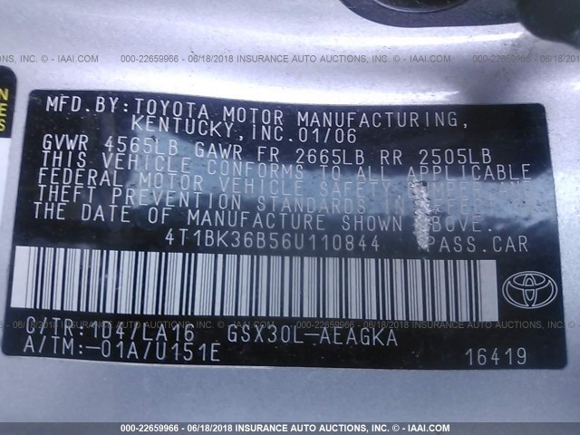 4T1BK36B56U110844 - 2006 TOYOTA AVALON XL/XLS/TOURING/LIMITED SILVER photo 9