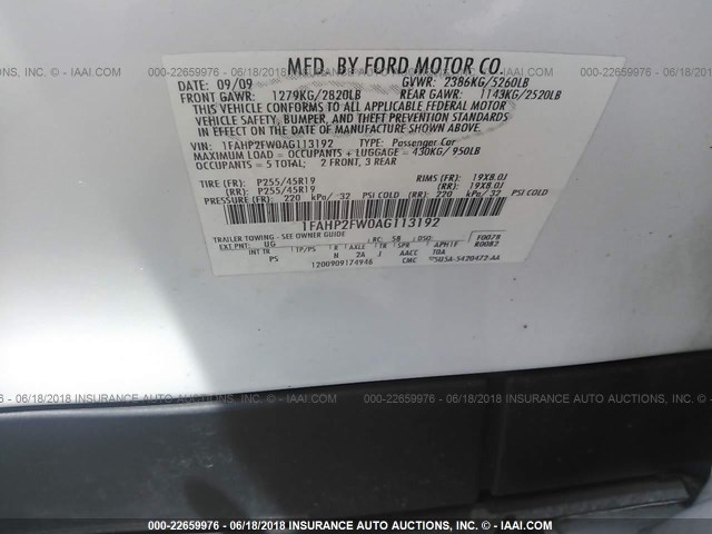 1FAHP2FW0AG113192 - 2010 FORD TAURUS LIMITED WHITE photo 9