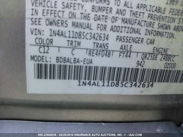 1N4AL11D85C342634 - 2005 NISSAN ALTIMA S/SL TAN photo 9