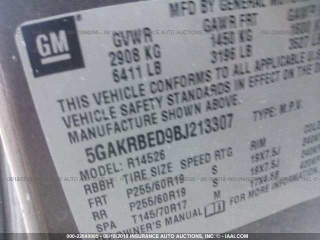 5GAKRBED9BJ213307 - 2011 BUICK ENCLAVE CXL Marron photo 9