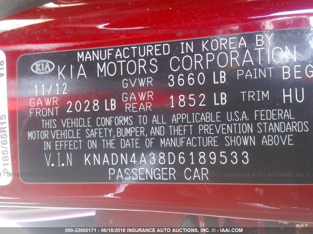 KNADN4A38D6189533 - 2013 KIA RIO EX/SX RED photo 9