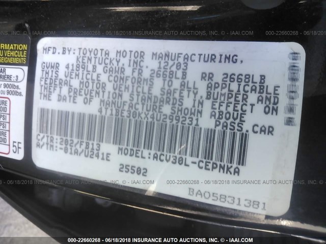 4T1BE30KX4U299231 - 2004 TOYOTA CAMRY LE/XLE/SE შავი ფოტო 9