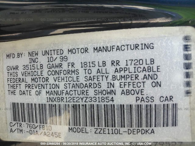 1NXBR12E2YZ331854 - 2000 TOYOTA COROLLA VE/CE/LE 蓝色 照片 9