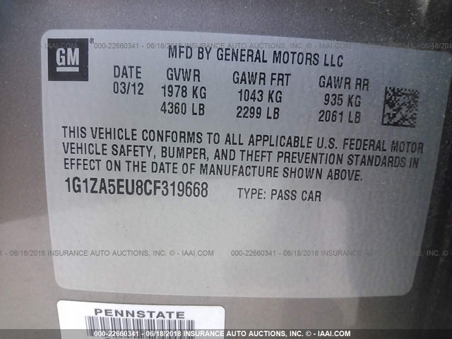 1G1ZA5EU8CF319668 - 2012 CHEVROLET MALIBU LS Сары фото 9