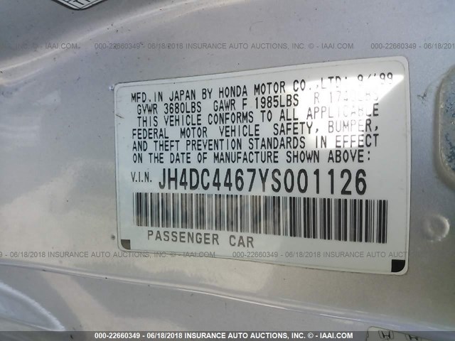 JH4DC4467YS001126 - 2000 ACURA INTEGRA GS SILVER photo 9