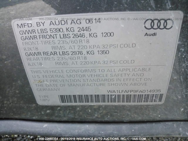 WA1LFAFP9FA014935 - 2015 AUDI Q5 PREMIUM PLUS GRAY photo 9