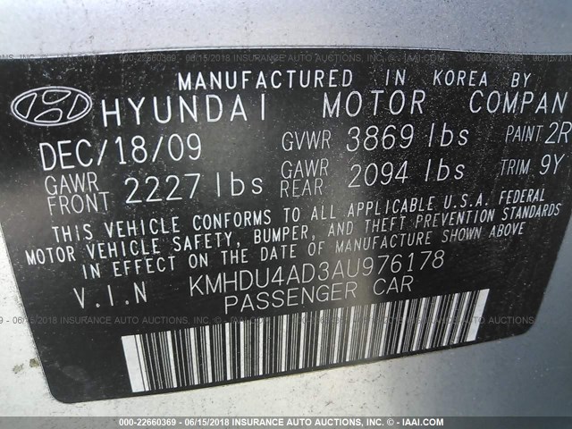 KMHDU4AD3AU976178 - 2010 HYUNDAI ELANTRA BLUE/GLS/SE SILVER photo 9