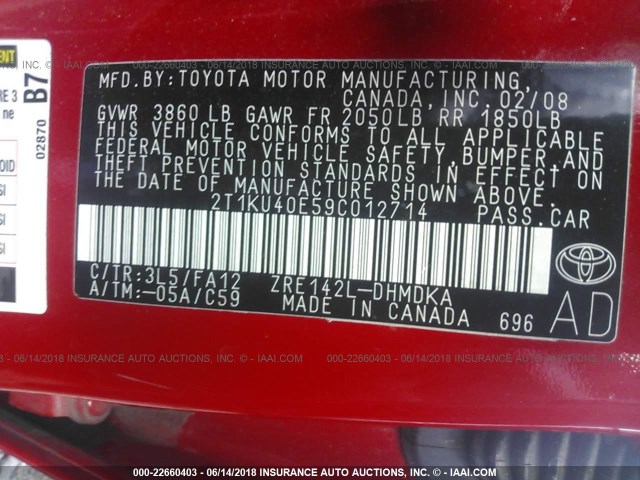 2T1KU40E59C012714 - 2009 TOYOTA COROLLA MATRIX  RED photo 9