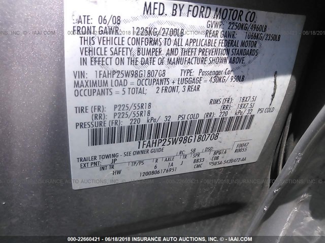 1FAHP25W98G180708 - 2008 FORD TAURUS LIMITED SILVER photo 9