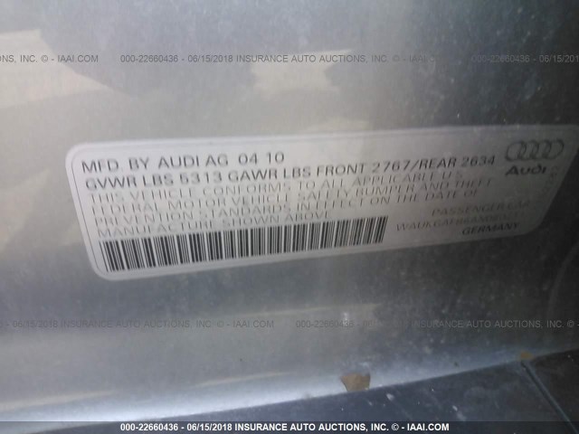 WAUKGAFB6AN080411 - 2010 AUDI A6 PRESTIGE ნაცრისფერი ფოტო 9