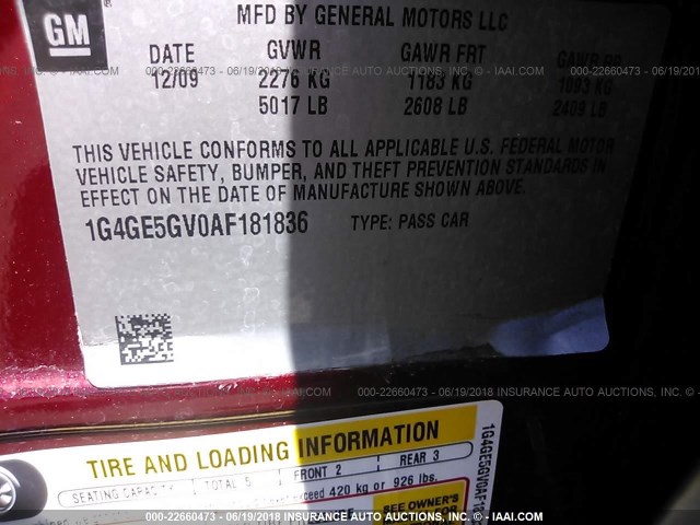 1G4GE5GV0AF181836 - 2010 BUICK LACROSSE CXS RED photo 9