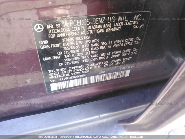 4JGAB54EXXA060305 - 1999 MERCEDES-BENZ ML 320 BURGUNDY photo 9