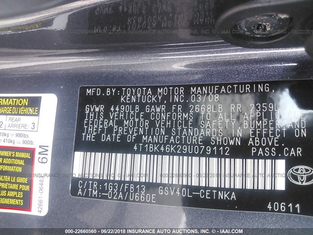 4T1BK46K29U079112 - 2009 TOYOTA CAMRY SE/LE/XLE ნაცრისფერი ფოტო 9