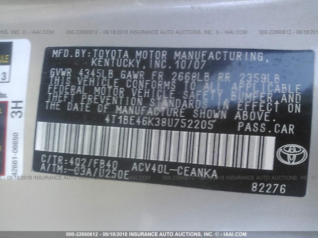 4T1BE46K38U752205 - 2008 TOYOTA CAMRY CE/LE/XLE/SE TAN photo 9