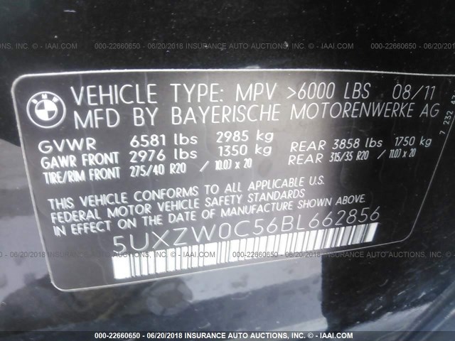 5UXZW0C56BL662856 - 2011 BMW X5 XDRIVE35D BLACK photo 9