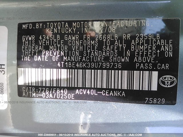 4T1BE46K39U799736 - 2009 TOYOTA CAMRY SE/LE/XLE 绿色 照片 9