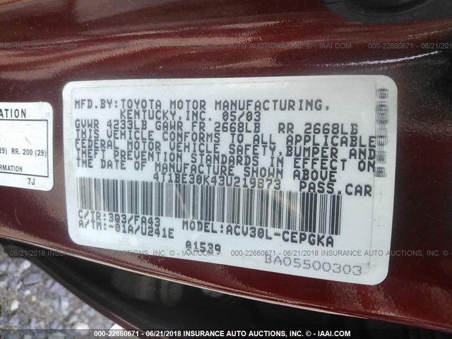 4T1BE30K43U219873 - 2003 TOYOTA CAMRY LE/XLE/SE Qırmızı foto 9