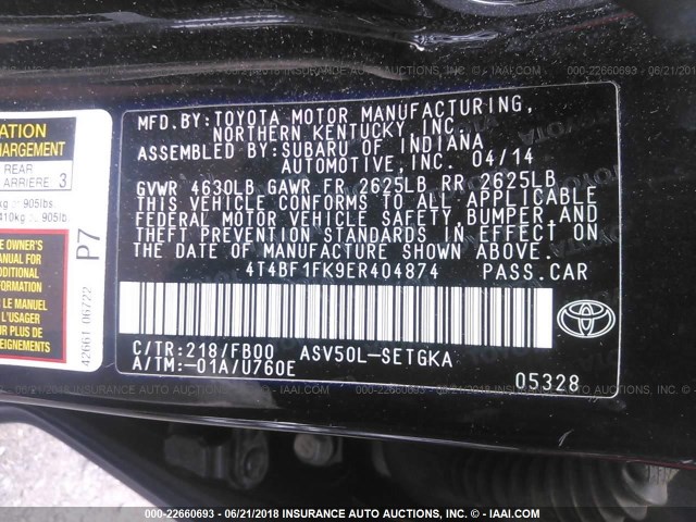 4T4BF1FK9ER404874 - 2014 TOYOTA CAMRY L/SE/LE/XLE 黑色 照片 9