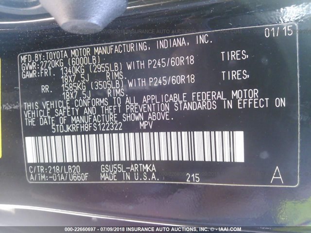 5TDJKRFH8FS122322 - 2015 TOYOTA HIGHLANDER XLE შავი ფოტო 9