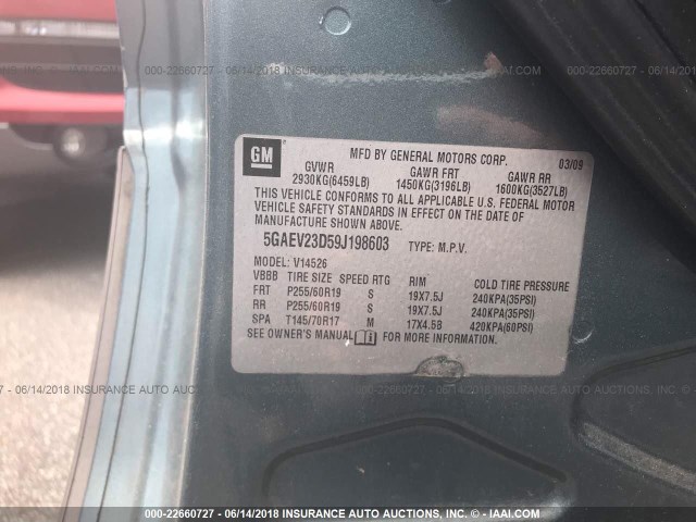 5GAEV23D59J198603 - 2009 BUICK ENCLAVE CXL Beige photo 9