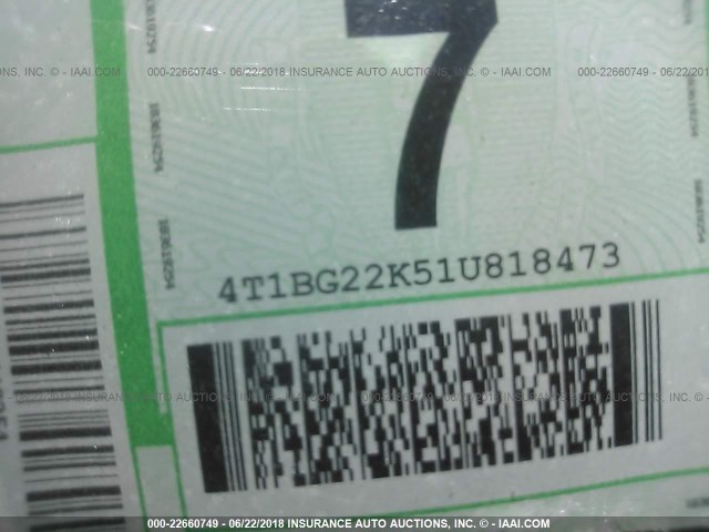 4T1BG22K51U818473 - 2001 TOYOTA CAMRY CE/LE/XLE GRAY photo 9