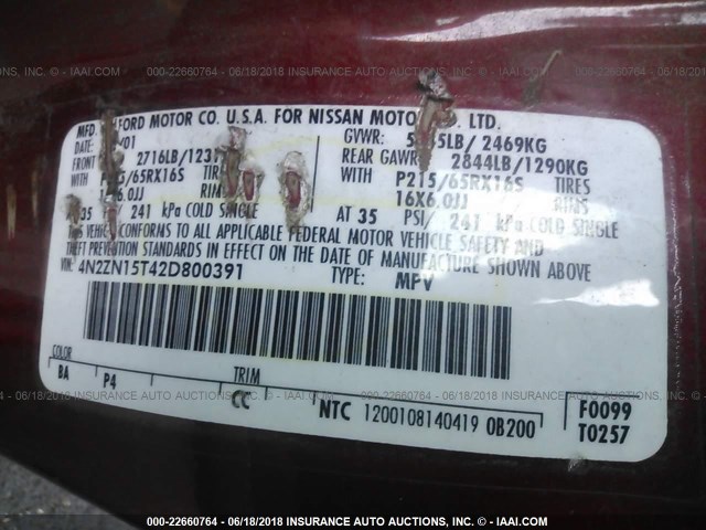 4N2ZN15T42D800391 - 2002 NISSAN QUEST GXE RED photo 9