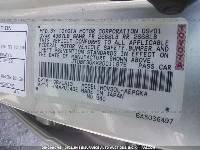 JTDBF30KX20011875 - 2002 TOYOTA CAMRY LE/XLE/SE ვერცხლისფერი ფოტო 9