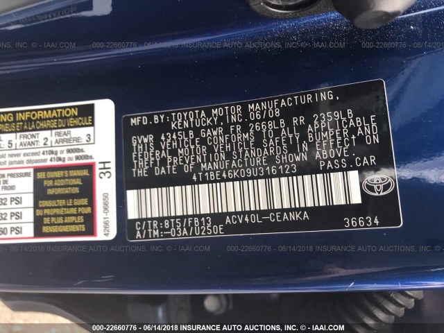 4T1BE46K09U316123 - 2009 TOYOTA CAMRY SE/LE/XLE ლურჯი ფოტო 9