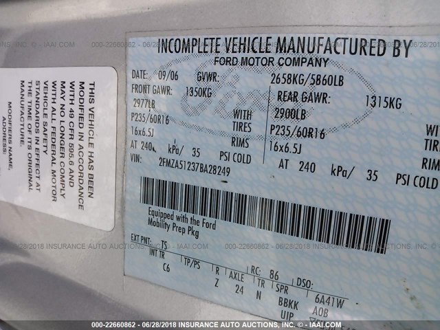 2FMZA51237BA28249 - 2007 FORD FREESTAR SE SILVER photo 9