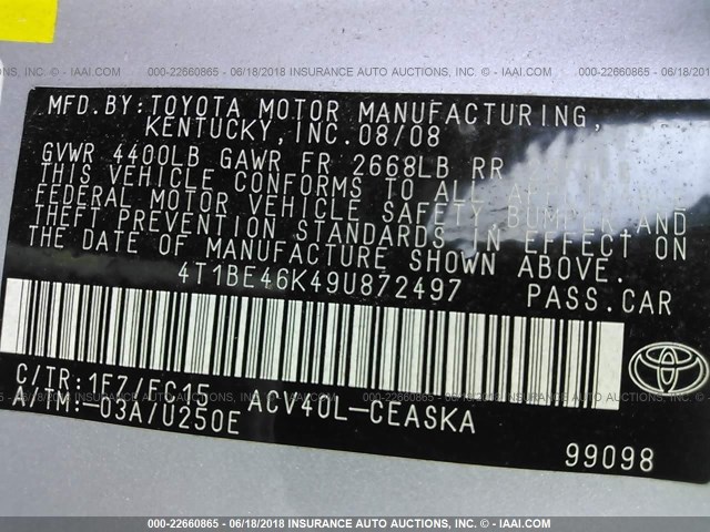 4T1BE46K49U872497 - 2009 TOYOTA CAMRY SE/LE/XLE ნაცრისფერი ფოტო 9