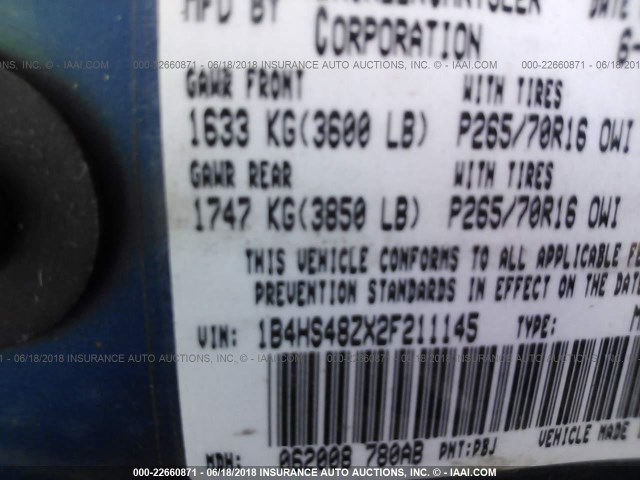 1B4HS48ZX2F211145 - 2002 DODGE DURANGO SLT BLUE photo 9