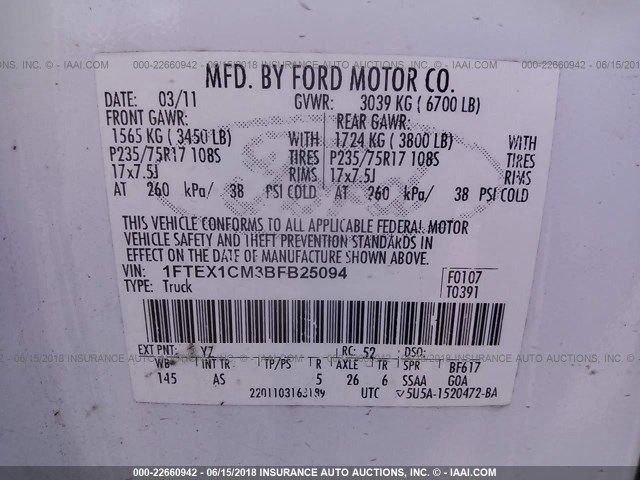 1FTEX1CM3BFB25094 - 2011 FORD F150 SUPER CAB WHITE photo 9