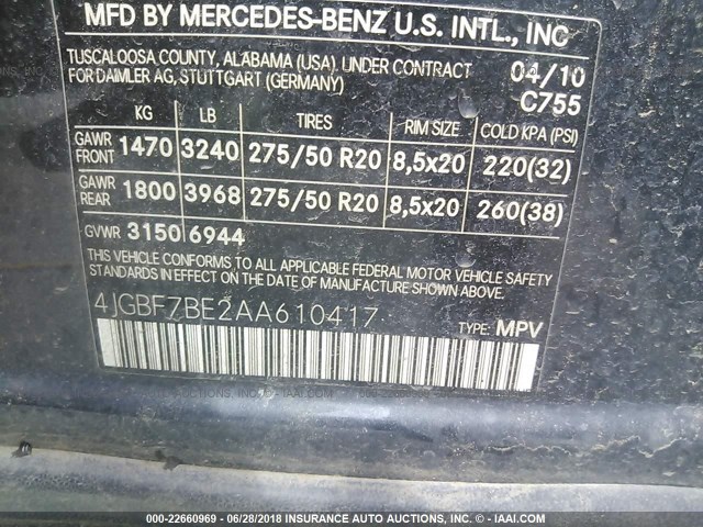 4JGBF7BE2AA610417 - 2010 MERCEDES-BENZ GL 450 4MATIC GRAY photo 9