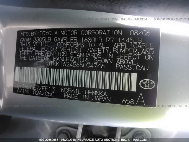 JTKKT624565004746 - 2006 TOYOTA SCION XA ვერცხლისფერი ფოტო 9