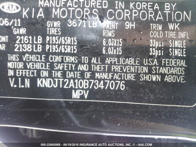 KNDJT2A10B7347076 - 2011 KIA SOUL Qara foto 9