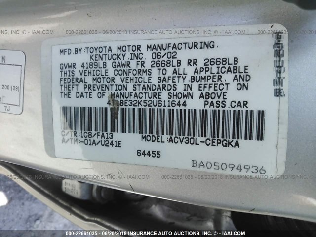 4T1BE32K52U611644 - 2002 TOYOTA CAMRY LE/XLE/SE ვერცხლისფერი ფოტო 9