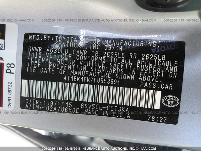 4T1BK1FK7FU553694 - 2015 TOYOTA CAMRY XSE/XLE SILVER photo 9