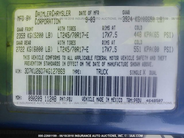 3D7KU26D74G127869 - 2004 DODGE RAM 2500 ST/SLT 蓝色 照片 9