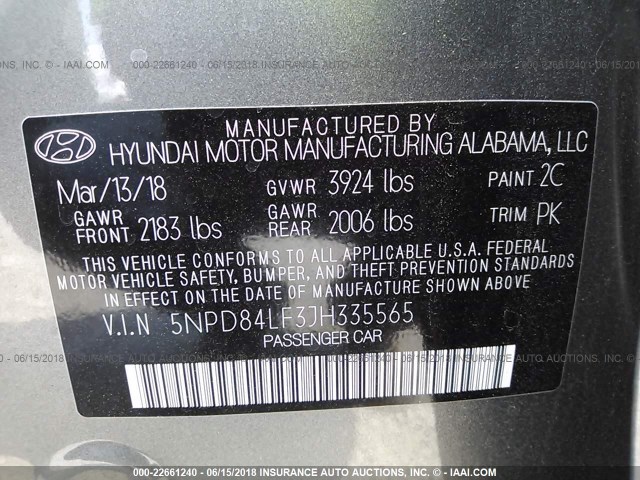 5NPD84LF3JH335565 - 2018 HYUNDAI ELANTRA SEL/VALUE/LIMITED GRAY photo 9